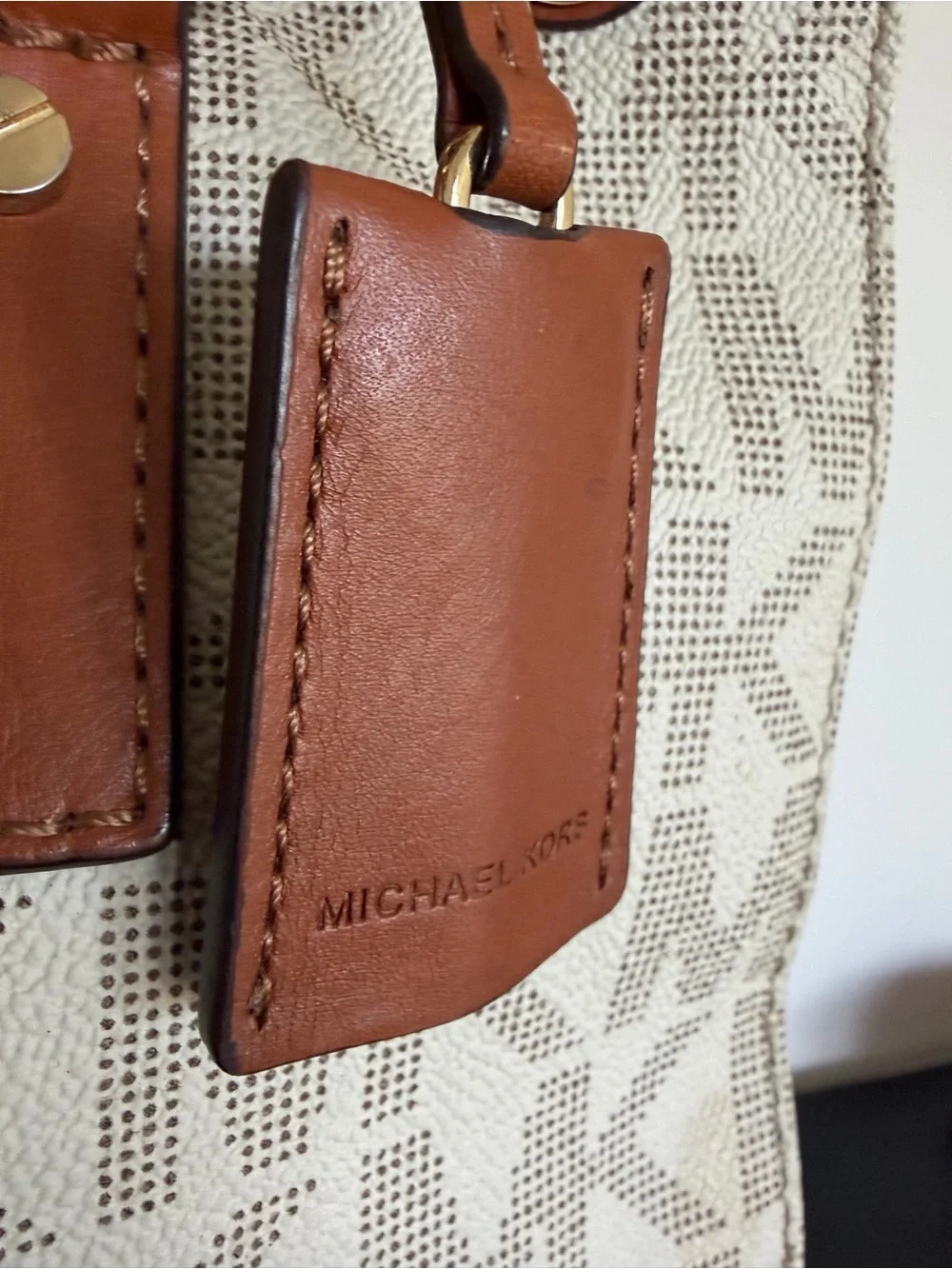 Michael Kors Hamilton Signature MK Logo Lock Satchel Vanilla Brown Leather